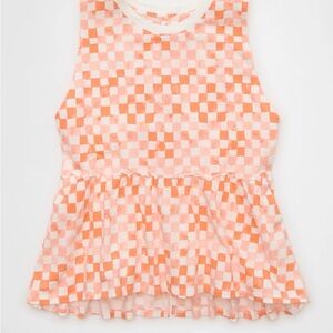 American Eagle Sleeveless Check Peplum Top - Pink & White